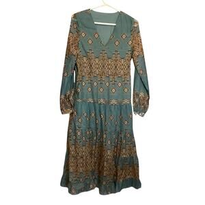 Flowy Feminine Dress M – Long Sleeves, Teal/Brown Print, 47” Length, Boho Chic